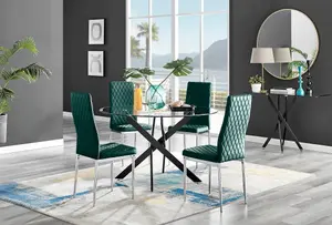 Furniturebox UK Novara Black Leg 120cm Round Glass Dining Table & 4 Green Velvet Milan Chairs