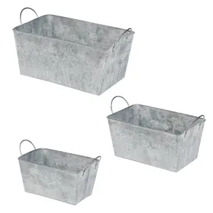 Set of 3 Metal Trough Planters Floral Embossed Indoor Outdoor Garden Flower Pot Planters Gift Idea