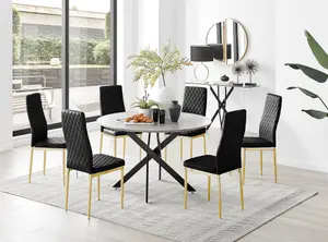 Furniturebox UK Novara Grey Concrete Effect Black Leg 120cm Round Dining Table & 6 Black Velvet Milan Gold Leg Chairs