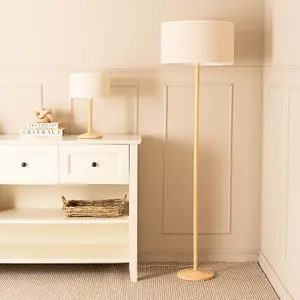 ValueLights Triston Natural Light Wood Stem Floor Lamp with Linen White Trim Drum Shade