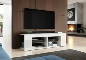 TV Cabinet Shelving Unit with Open Glass Shelf Media Stand 134cm White Gloss / Matt Texas