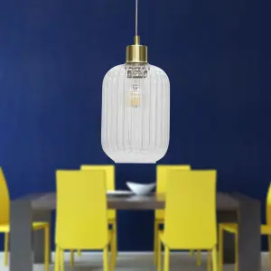 First Choice Lighting Set of 2 Batley Clear Ribbed Glass with Satin Brass Pendant Fittings