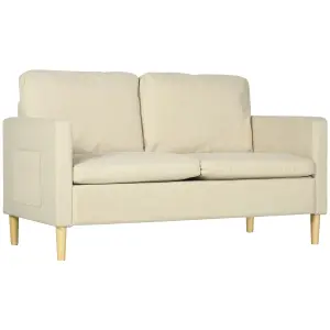 HOMCOM 2 Seater Sofa Modern Fabric Couch with Wood Legs and 2 Pockets Beige