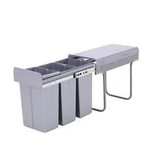 Grey 3 x 10L Rectangular Integrated Kitchen Pull Out Bin Waste and Recycling Bin for Cabinet Under Counter Storage