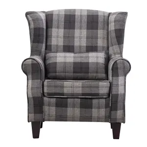 Grey Tartan Linen Wingback Armchair Tub Chair Retro Check Leisure Chair with Cushion