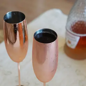 Set Of 2 Copper Stainless Steel Prosecco Glasses Tall Champagne Drinks Flutes