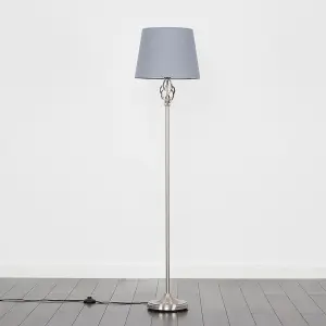 ValueLights Memphis Traditional Style Satin Nickel Barley Twist Floor Lamp with Grey Tapered Light Shade - with LED GLS Bulb