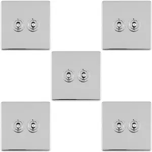 5 PACK 2 Gang Double Retro Toggle Light Switch SCREWLESS CHROME 10A 2 Way Plate