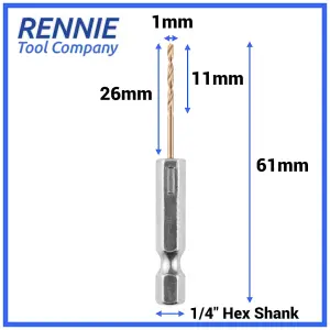 Box of 10 x 1mm Hex Shank HSS Gold Cobalt Jobber Drill Bit Set For Stainless Steel, Hard Metals, Aluminium, Cast Iron, Copper.