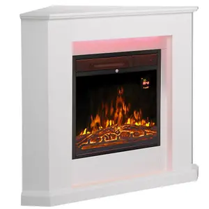 Modern White Corner Electric Fireplace with Remote Control, Triangle LED Log Fire, and Stylish Mantle