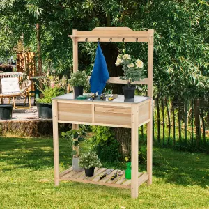 Costway Wooden Outdoor Planting Table Potting Bench W/ Flip-open Galvanized Metal Table