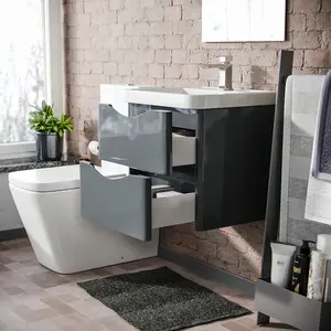 Nes Home Merton 500mm Wall Hung Vanity Basin Unit & Square Rimless Close Coupled Toilet Grey