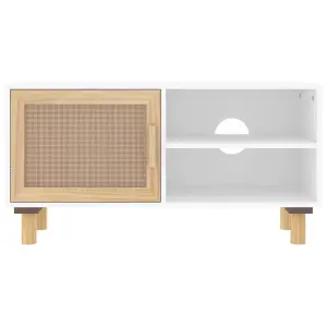 Berkfield TV Cabinet White 80x30x40 cm Solid Wood Pine and Natural Rattan