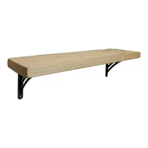 Solid Wood Handmade Rustical Shelf Unprimed 225mm 9 inch with Black Metal Bracket WAT Length of 60cm