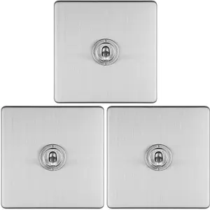 3 PACK 1 Gang Single Retro Toggle Light Switch SCREWLESS SATIN STEEL 10A 2 Way