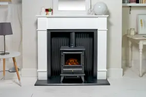 Adam Oxford Stove Fireplace in Pure White with Hudson Electric Stove in Black, 48 Inch