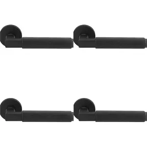 4 PACK - Premium Knurled Door Handle Set - Matt Black Angled Lever on Round Rose