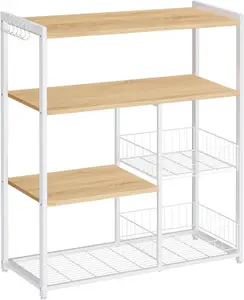 VASAGLE Baker's Rack, Kitchen Island with 2 Metal Mesh Baskets, Shelves and Hooks, Industrial Style, Oak Beige and White