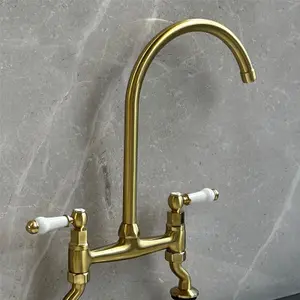 Liquida W23BG Traditional Two Hole Bridge Lever Brushed Gold Kitchen Mixer Tap