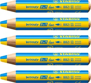 STABILO woody 3 in 1 duo -Multi-Talented Pencil - - Yellow/Cyan Blue - PACK Of 5