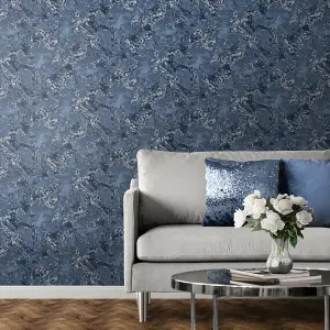 Muriva Blue & Silver Marble Metallic effect Embossed Wallpaper