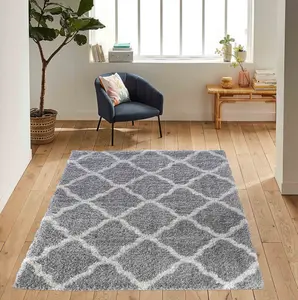 Moroccan Berber Shaggy Rugs Living Room Bold Trellis Grey 60x220 cm