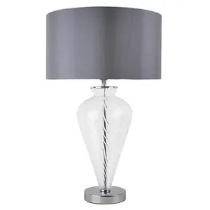 Pair Of Clear Glass Table Lamps With Grey Fabric Shades (Set of 2) Clear / Grey