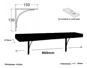 Wooden Rustic Shelf with Bracket BOW Black 170mm 7 inches Burnt Length of 80cm