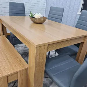 Dining Table and 4 Chairs With Bench Oak Effect Wood 4 Grey Leather Chairs Dining Room