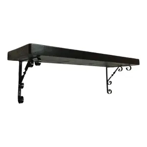 Solid Wood Handmade Rustical Shelf Black Ash 225mm 9 inch with Black Metal Bracket WO Length of 220cm