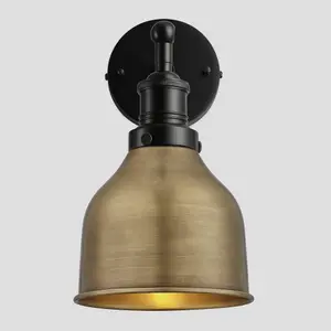 Industville Brooklyn Cone Wall Light, 7 Inch, Brass, Black Holder