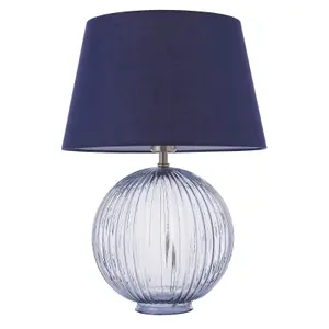 Table Lamp Smokey Grey Ribbed Glass & Navy Cotton 40W E27 GLS Base & Shade