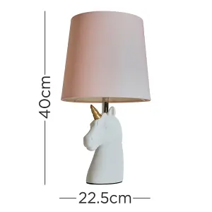 ValueLights White and Gold Ceramic Unicorn Table Lamp With Dusty Pink Tapered Light Shade With LED Golfball Bulb In Warm White