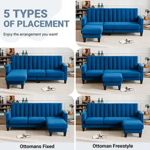 Sectional Couch Velvet L Shaped 3 Seat Blue Sofa with Chaise