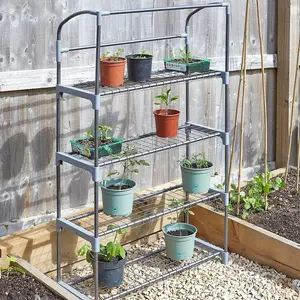 4 Tier Compact GroZone Mini Greenhouse - Growhouse with Steel Frame, PE Cover, Front Zip Up Panel & 4 Shelves - H130 x W80 x D30cm