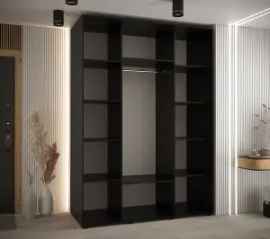 Modern Black Mirrored Cannes V Sliding Wardrobe H2050mm W1500mm D600mm with Custom Black Steel Handles