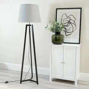 ValueLights Lottie Black Wood Tripod Floor Lamp with Grey Tapered Shade - LED Bulb Included