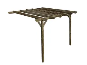 Lean to wooden garden pergola kit - Chamfered design wall mounted gazebo, 4.8m x 4.8m (Rustic brown finish)