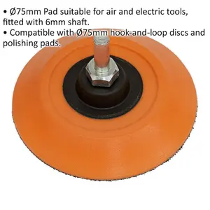 75mm Hook and Loop Backing Pad for Angle Grinders - 6mm Shaft Compatible Disc