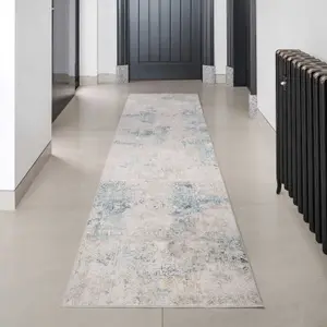 Silver Blue Metallic Distressed Geometric Living Area Rug 70x240cm