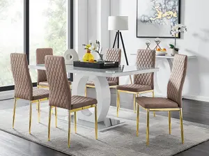 Giovani Rectangular 6 Seat White High Gloss Unique Halo Dining Table Grey Glass Top 6 Beige Faux Leather Gold Leg Milan Chairs