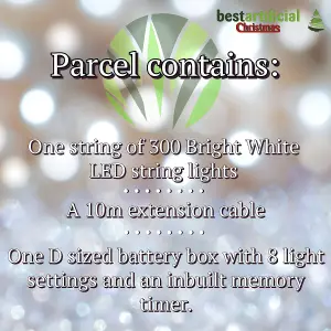 Bright White Clear Cable Connectable Indoor & Outdoor Garden Party Waterproof LED String Lights (300 LED's (30m), Battery Box)