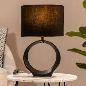 ValueLights Tia Pair of Black Hoop Ceramic Bedside Table Lamps with a Fabric Lampshade Living Room Light - Bulbs Included