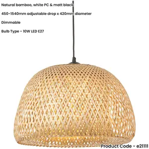 Hanging Ceiling Pendant Light - Dome Natural Bamboo White Pc & Matt Black - 10W LED E27