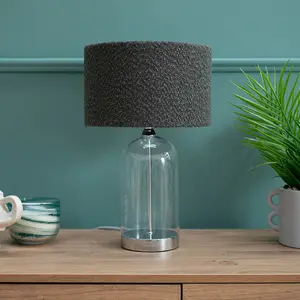 ValueLights Jessy Glass and Silver Chrome Metal Bedside Table Lamp with a Charcoal Grey Boucle Lampshade