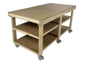 Workbench MDF top, large heavy-duty table (H-90cm, D-90cm, L-210cm) with wheels and double shelf