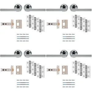 4 PACK - Premium Door Handle & Latch Pack Set- Polished Chrome Straight Bar Lever Round Rose