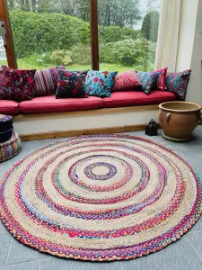 FIESTA Round Rug Jute Hand Woven with Recycled Fabric / 150 cm Diameter