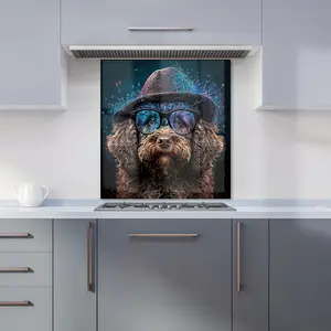 Labradoodle Dog With Glasses Splashart Premium Glass Kitchen Splashback W700mm x H750mm