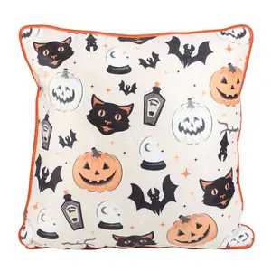 Something Different Spooky Cat And Pumpkin Square Filled Cushion White/Black/Orange (35cm x 35cm)